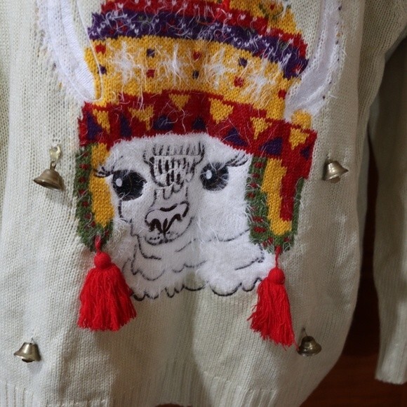 Falalala Llama Ugly Bells Jingles Christmas Sweater Llama in Hat Sweater - Picture 6 of 12